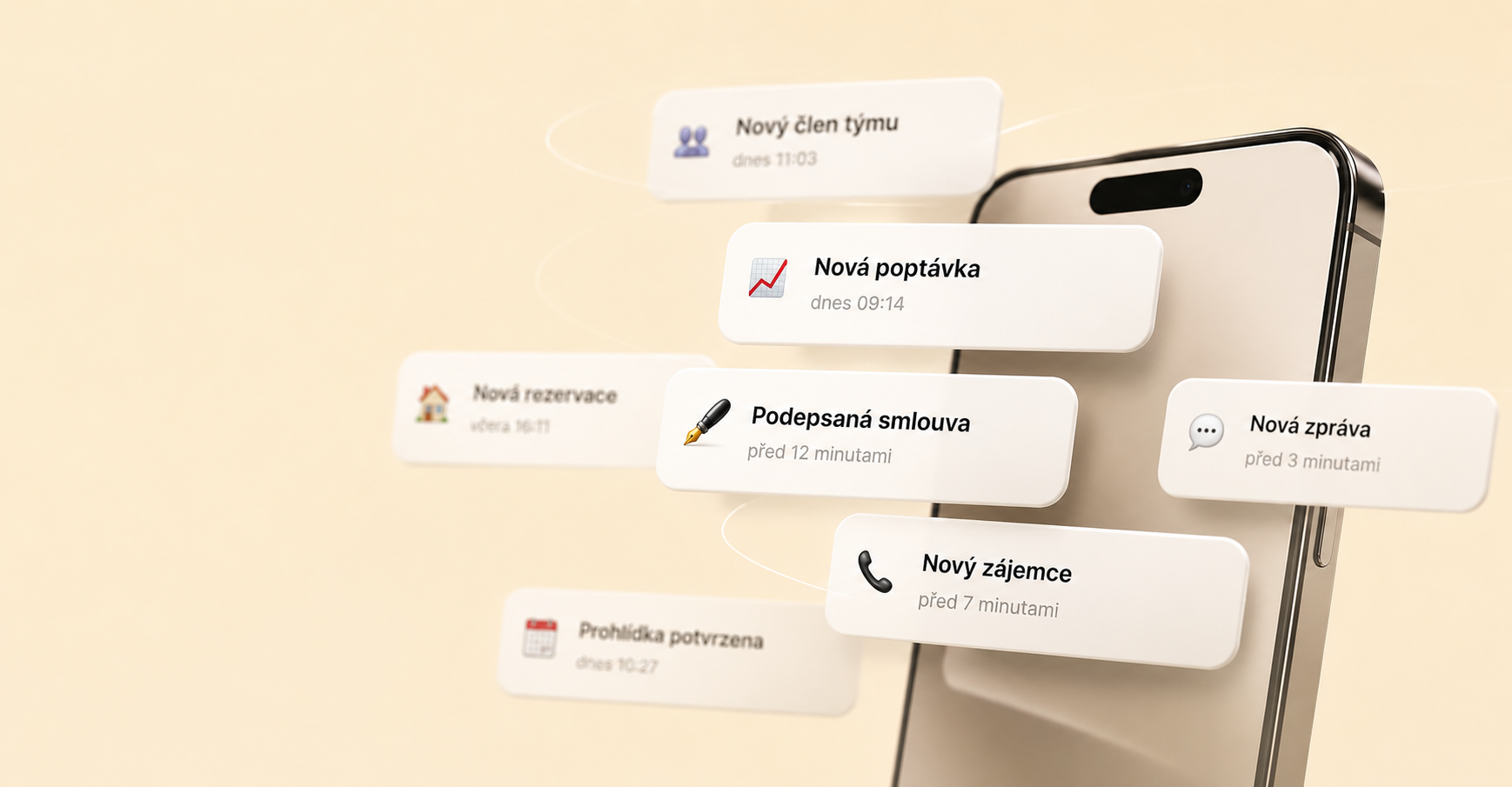 Ukázka notifikací – nová poptávka, domluvená podepsána, nový zájemce a další