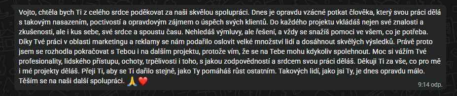 Reference klientky – WhatsApp zpráva o spolupráci s BRANDORY